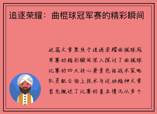 追逐荣耀：曲棍球冠军赛的精彩瞬间